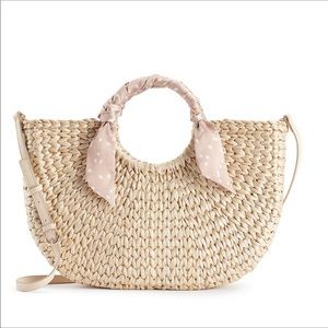 LC Lauren Conrad Half Moon Wicker Polka Dot Ribbon Tote
